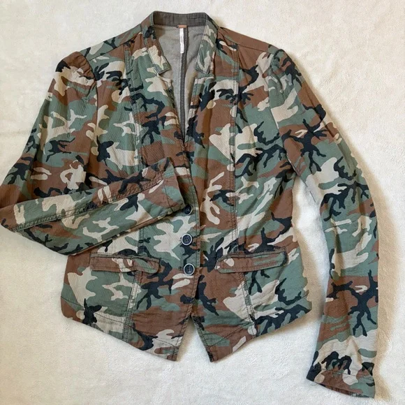Free People Camo Army Cotton Fitted Blazer Jacket - Picture 2 of 15